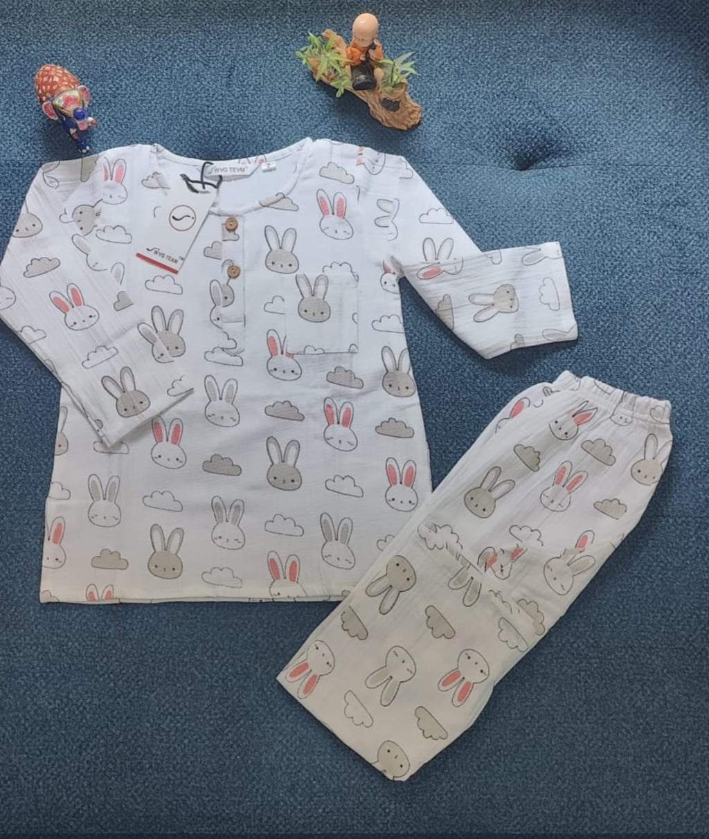 Toddler Bunny Print Muslin Kurta Set