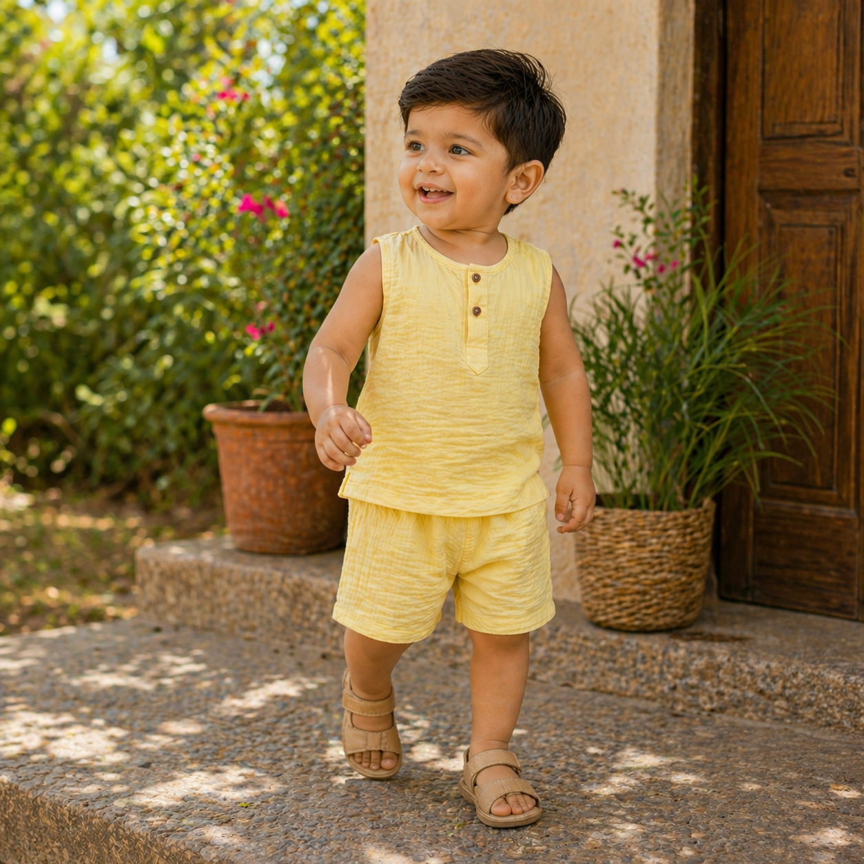 Toddler Muslin Sleeveless Kurta Set – Yellow